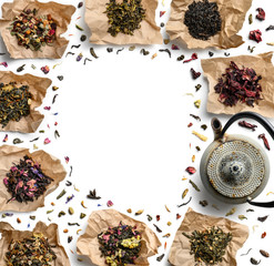 Large assortment of tea on a white background. The view from the top