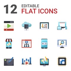 12 screen flat icons set isolated on white background. Icons set with media player, e-Book, Distance teacher, Mobile marketing, Mobile Learning, responsive web design, Graphic tablet icons.