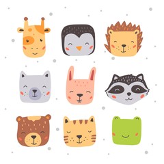 Set of cute wild animals faces, bear, hedgehog, frog, rabbit, penguin. Isolated vector illustration animals for baby, kids, child project design. Hand drawn cute style.