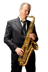 Obraz na płótnie Canvas Musician playing saxophone (isolated on white background)