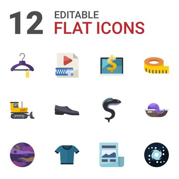 12 isolated flat icons set isolated on white background. Icons set with Clothes, Video Compression, Computer-Based Training, bulldozer, Man shoes, measuring, planet, t-shirt icons.