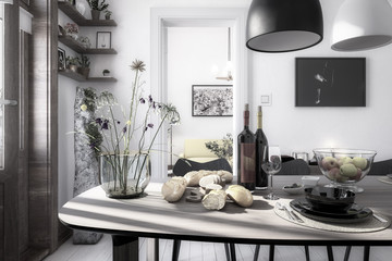 Dinning Room Inside a Fresh Renovated Building - black and white 3d visualization