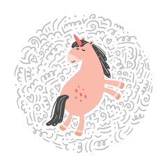 Unicorn of simple trendy cartoon style with elements. Unicorn of pink color for kids and magic textile, bag, t-shirt design. Isolated vector illustration.