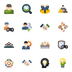 16 team flat icons set isolated on white background. Icons set with User, Target Audience, gamer, Followers, Partnership, employee, manager, director, start-up team, teamwork icons.