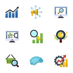 9 diagram flat icons set isolated on white background. Icons set with Profit, Advertising Networks, analytics app, Accounting software, Semantic Analysis, Marketing analytics icons.