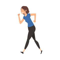 Smiling Successful Young Woman in Casual Clothes Running to Finish Line, Team Leader Professional Competition Vector Illustration