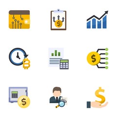 9 financial flat icons set isolated on white background. Icons set with digital wallet, Business Planning, Profit, future of money, Balance Sheet, Marketing budget, rent deposit icons.
