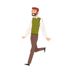 Smiling Successful Business Man Running to Finish Line, Team Leader Professional Competition Vector Illustration