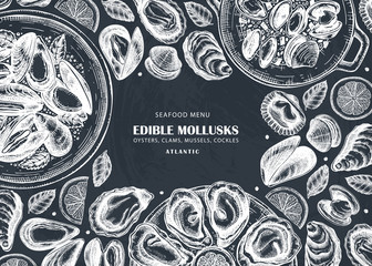 Hand drawn edible marine mollusks with herbs, spices and lemon design. Cooked clams, oysters, cockles, mussels top view frame on chalkboard.