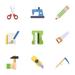 9 sharp flat icons set isolated on white background. Icons set with Scissors, Sewing, Pencil, Sketching, Sharpener, Hand saw, Handicraft, Cutter knife, Scythe icons.