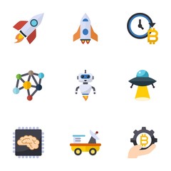 Fototapeta premium 9 future flat icons set isolated on white background. Icons set with rocket, spaceship, future of money, Neural network, AI Robot, ufo, Artificial Intelligence, moon rover icons.