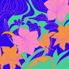 Fototapeta na wymiar Floral pattern with blue flower. Vector blue floral background. Botanical lily texture. Botanic drawing illustration with garden flowers.