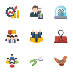 9 work flat icons set isolated on white background. Icons set with Productivity, Accountant, Future technology, Team building, team, Binder clip, colleague, Garden pruner icons.