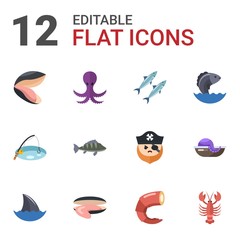 12 ocean flat icons set isolated on white background. Icons set with mussel, octopus, sardine, Fishing, perch, Seafood, shark fin, oyster, shrimp, lobster, seafood, pirate icons.