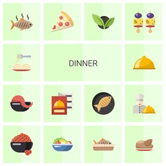 14 dinner flat icons set isolated on white background. Icons set with Pasta, seafood soup, restaurant menu, main dish, grilled fish, Pizza, vegetarian, starters, caviar icons.