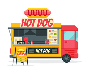 Hot Dog Food Truck, Street Meal Vehicle, Fast Food Delivery Vector Illustration