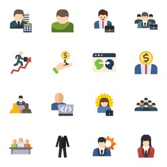 16 manager flat icons set isolated on white background. Icons set with Accountant, User, Entrepreneur, career growth, Investor, Information Architecture, director, Developer icons.