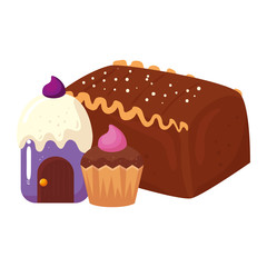 delicious cake chocolate with cupcakes vector illustration design