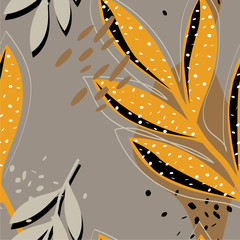 Naklejka premium Colorful seamless pattern with leaves, spots. Decorative colored wallpaper, good for printing. Hand drawn overlapping background, texture with decor elements, lines and shapes. Design backdrop vector