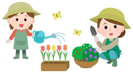 ガーデニングする　女性　親子　イラスト