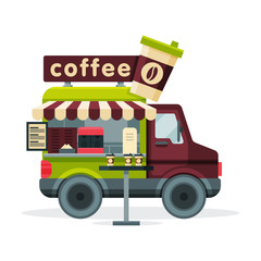 Fototapeta premium Coffee Truck, Street Meal Van, Mobile Shop Vector Illustration