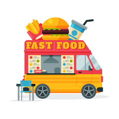 Fast Food Truck, Street Meal Van, Fast Food Delivery, Mobile Shop Vector Illustration