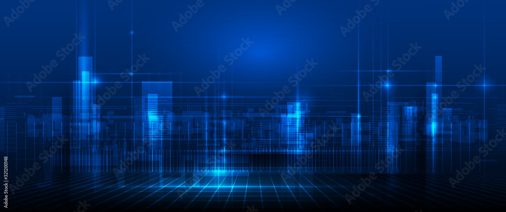 Poster vector illustration urban architecture, cityscape with space and neon light effect. modern hi-tech, 