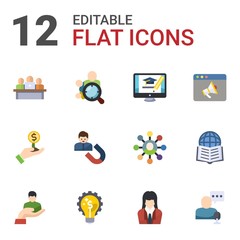 12 customer flat icons set isolated on white background. Icons set with developers team, Audience targeting, online business, Investor, User Engagement, Promo website, client icons.