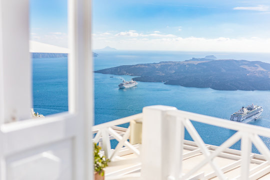 White architecture on Santorini island, Greece. Beautiful landscape, sea view. White wash staircases on Santorini Island, Greece. The view toward Caldera sea with cruise ship awaiting. - Powered by Adobe
