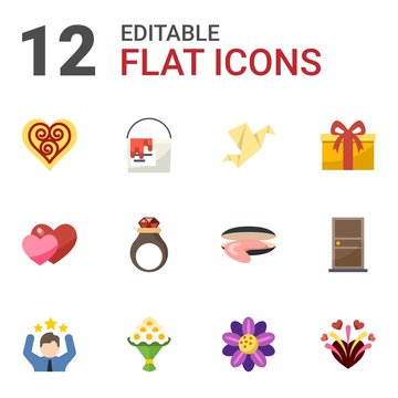 12 decoration flat icons set isolated on white background. Icons set with Quilling, paint bucket, Origami, love, handmade Jewelry, gift, celebration, bouquet, Floral design icons.