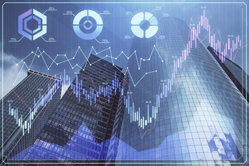 Forex chart on cityscape with skyscrapers wallpaper multi exposure. Financial research concept.