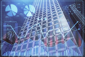 Forex chart on cityscape with tall buildings background multi exposure. Financial research concept.