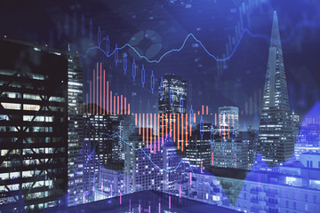 Plakat Financial graph on night city scape with tall buildings background multi exposure. Analysis concept.