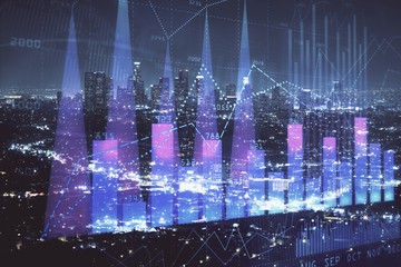 Financial graph on night city scape with tall buildings background multi exposure. Analysis concept.