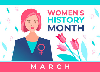 Women's History Month is celebrated in March. Beautiful politician women with female symbol and tulips. Women are granted rights. Women's History Month is celebrated in the US, UK, Australia.