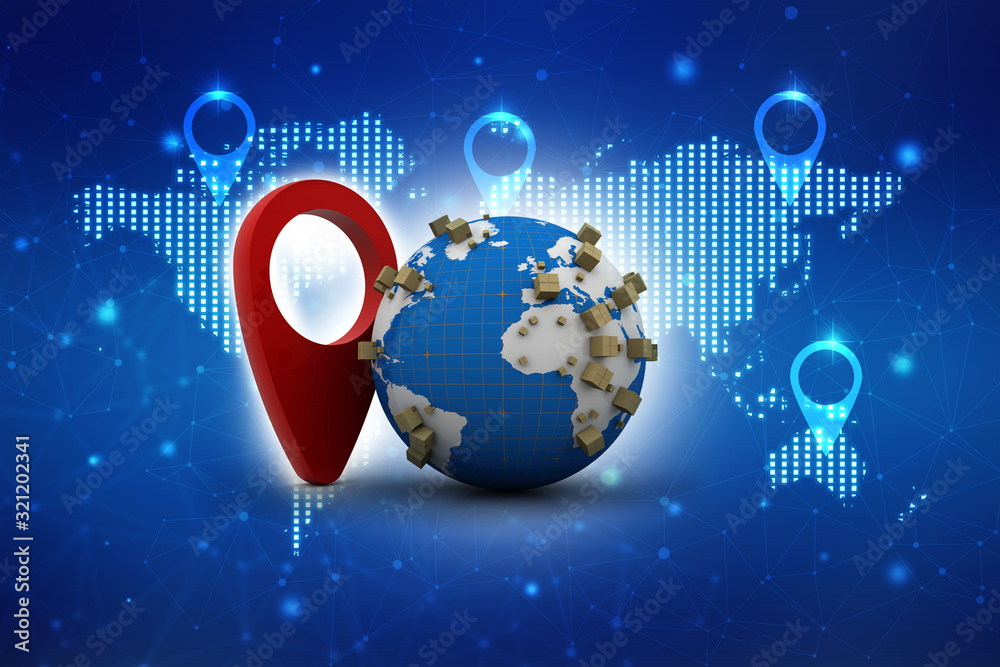 Poster 3d rendering red map pointer in card box