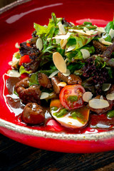 Warm beef liver salad with arugula, lettuce and tomatoes on a red plate. A delicious gourmet dinner in the rustic style