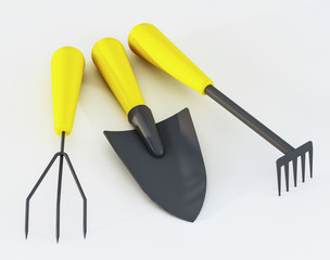 Garden tool kit with yellow handle - 3D illustration