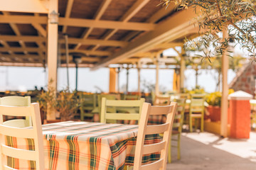 Fototapeta na wymiar Romantic Mediterranean European style cafe bistro restaurant balcony with great view