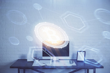 Double exposure of blockchain theme hologram and table with computer background. Concept of bitcoin...