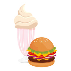 delicious burger with milkshake fast food icon vector illustration design
