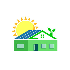 Green Eco Friendly House Concept Flat Icon with Solar Energy Panels and Leaves Growing Out of Chimney