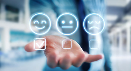 User using customer satisfaction rating interface 3D rendering