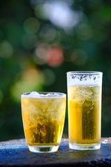 glass of beer on wood table