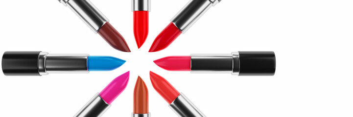 Obraz premium Lipstick with different shades. Lipstick is in a row with a different color.