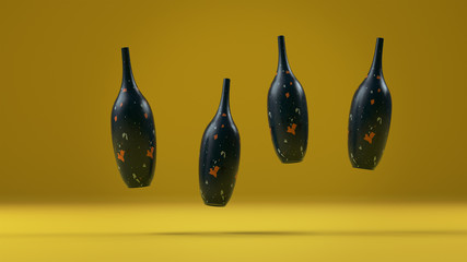 3d render black vases with colored texture dots on a yellow background.