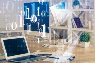 Multi exposure of computer on background and technology theme drawing. Concept of innovation.