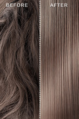 Brown hair before and after treatment, straightening