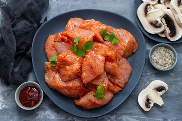 raw meat with spices on dark dish on ceramic background