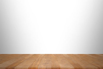 Wood table top on white background. Used for product placement or montage.	